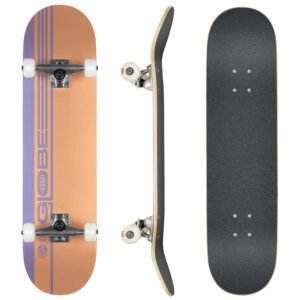 Vooraanzicht Globe G0 Strype Hard 7.75” complete skateboard in Dusty Orange en Lavender
