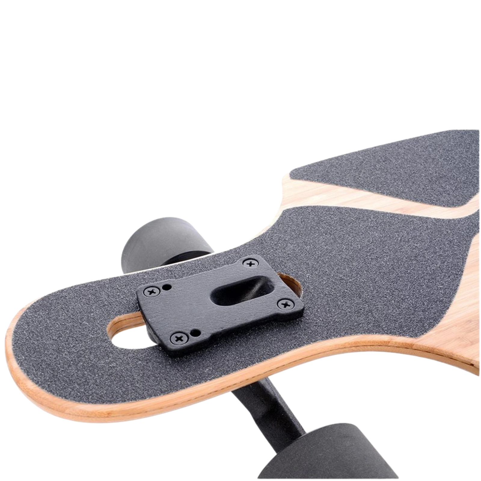 Tempish Frogman longboard – grip tape detail met logo en geometrisch patroon.