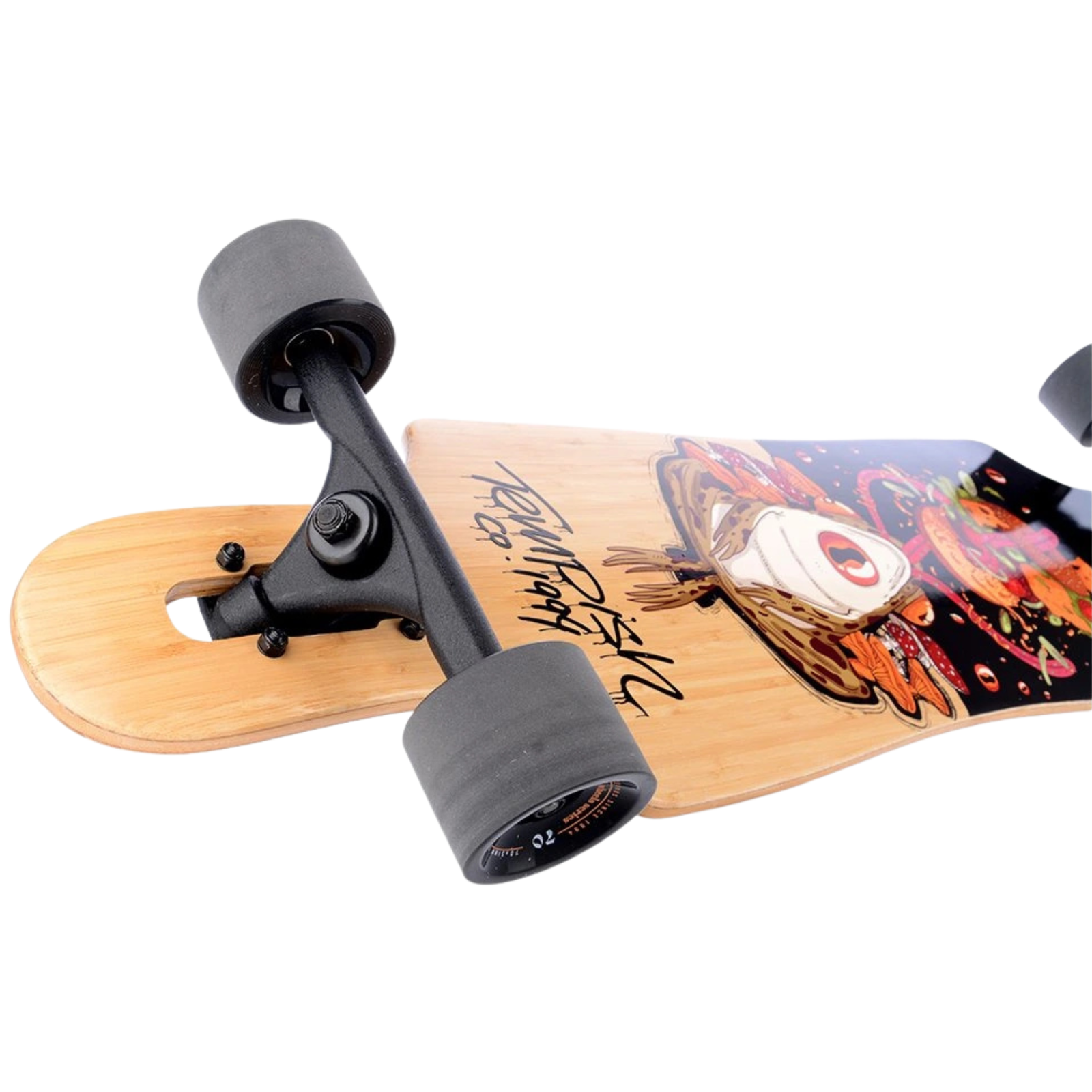Tempish Frogman longboard – close-up van zwarte drop-through trucks.