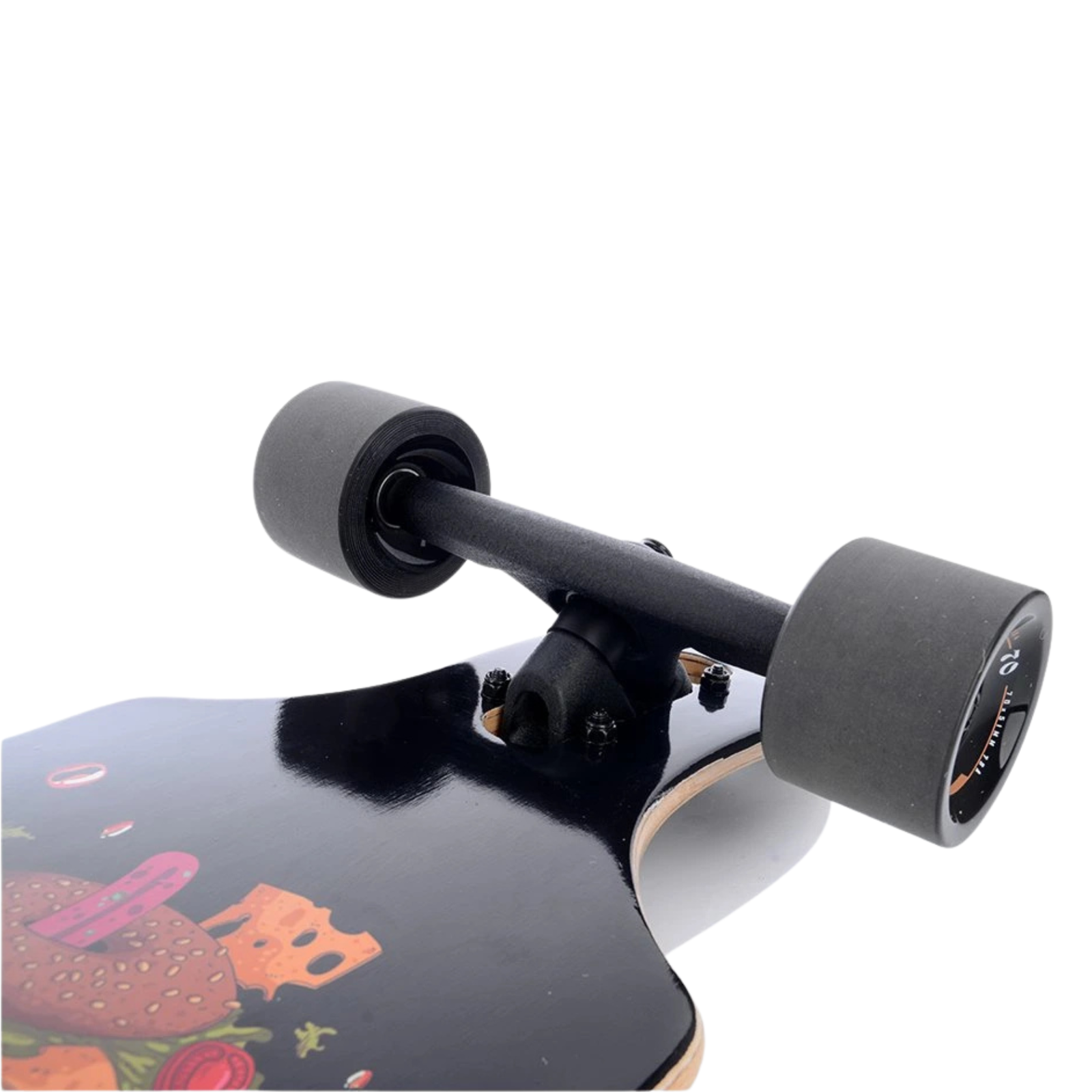 Tempish Frogman longboard – voorkant met wielophanging en truckmontage.