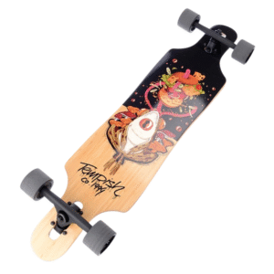 Tempish Frogman Longboard - Unterseite mit bunter Frosch-Illustration und Streetart-Design.