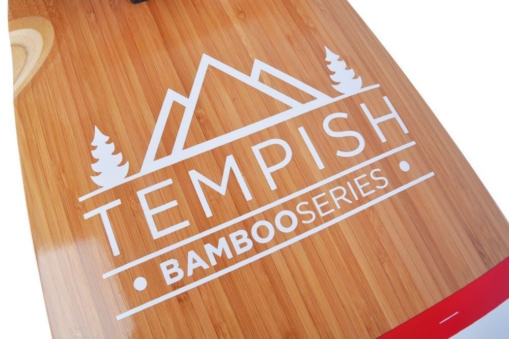 Tempish Flow longboard underside with FLOW design on bamboo veneer